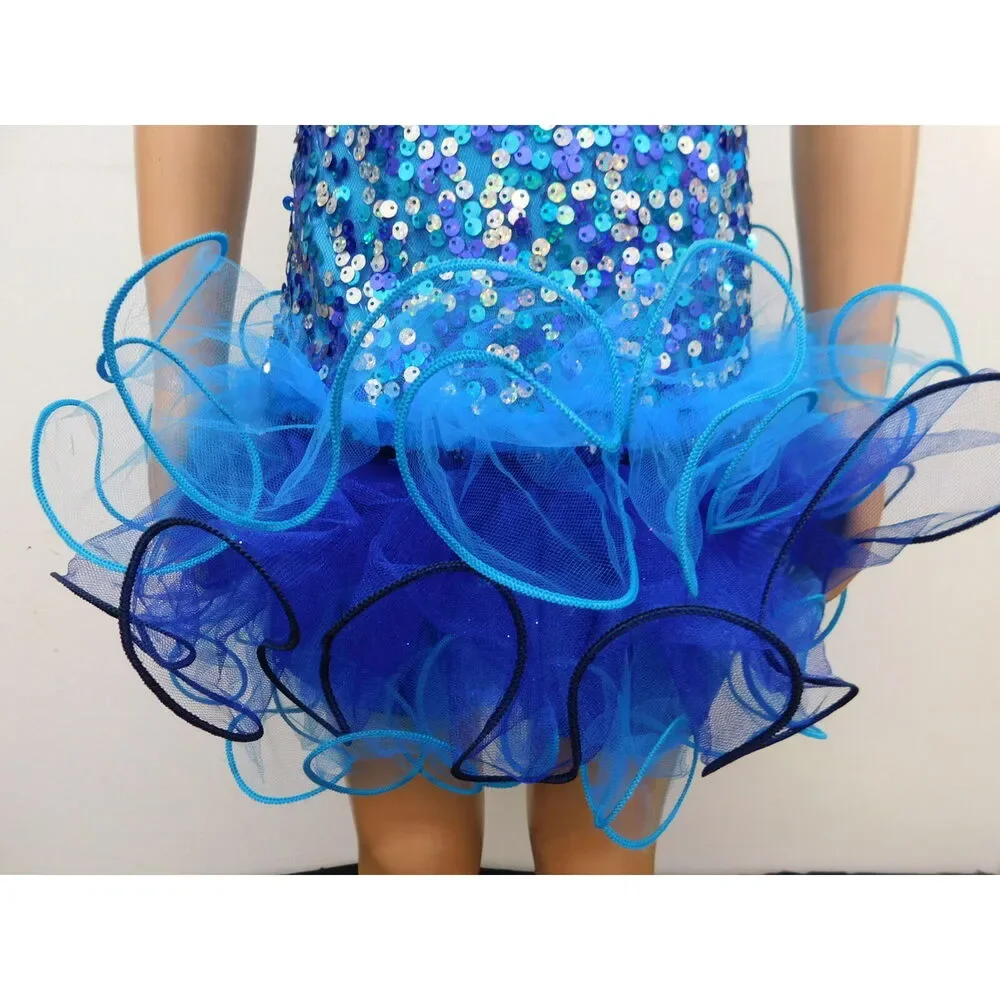 Pre-Owned Dance Costume Curtain Call E1062 XL Child Blue Jazz Sequin